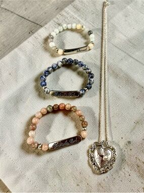 Inspirational Multicolor Beaded Bracelet and Necklace Set with Engraved Bars